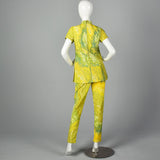 1960s Green and Yellow Print Tunic and Pants Set