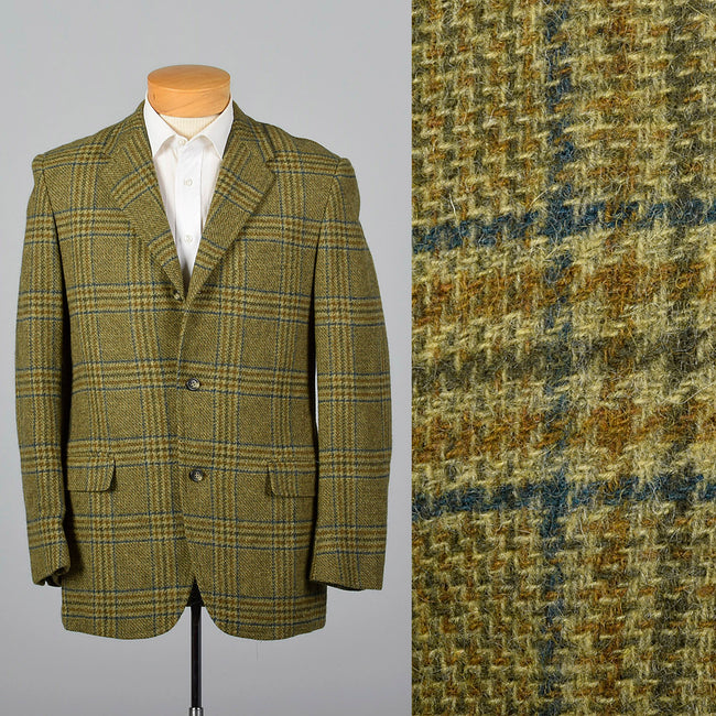 1960s Mens Green and Gold Plaid Jacket