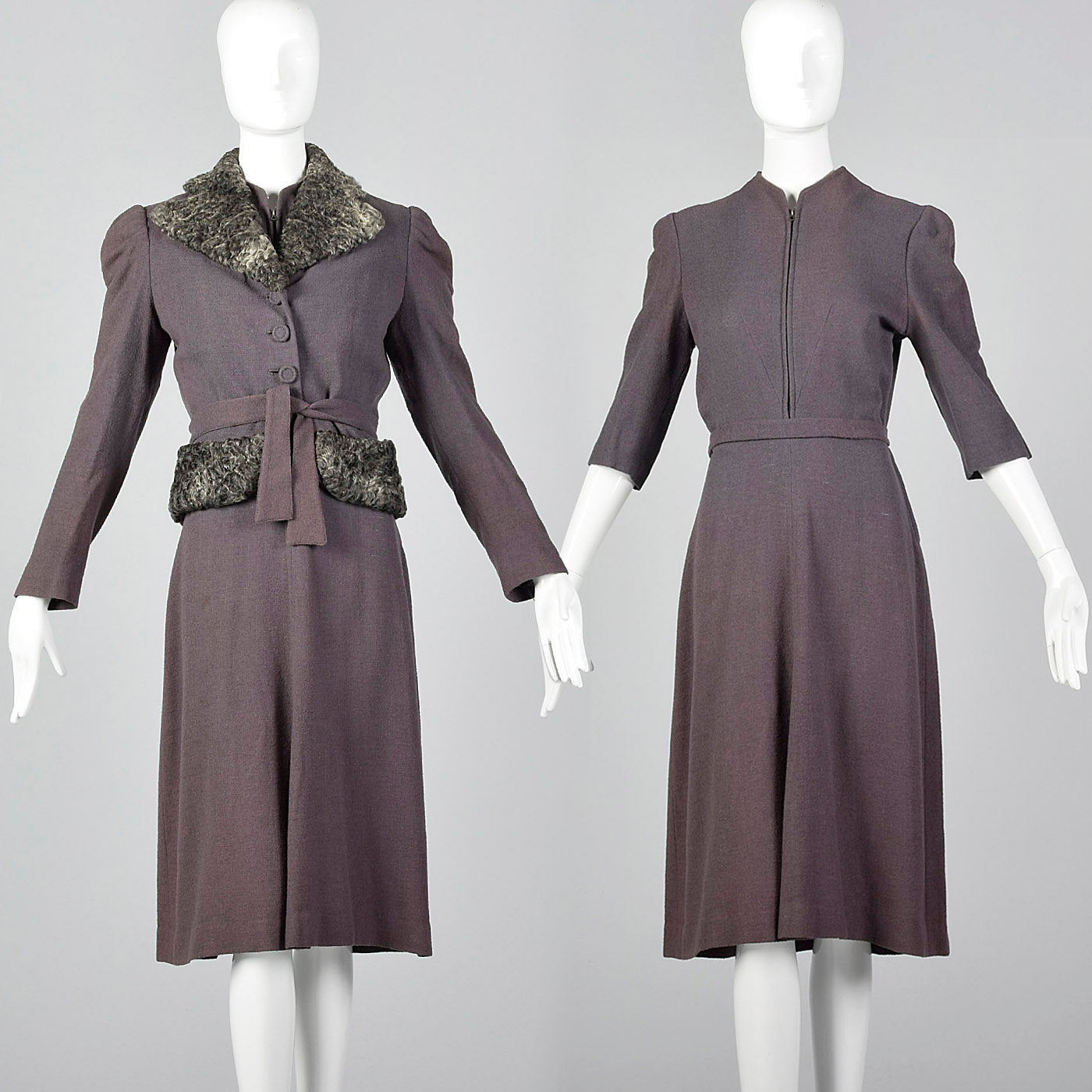 Small 1930s Gray Dress & Fur Trimmed Jacket Set