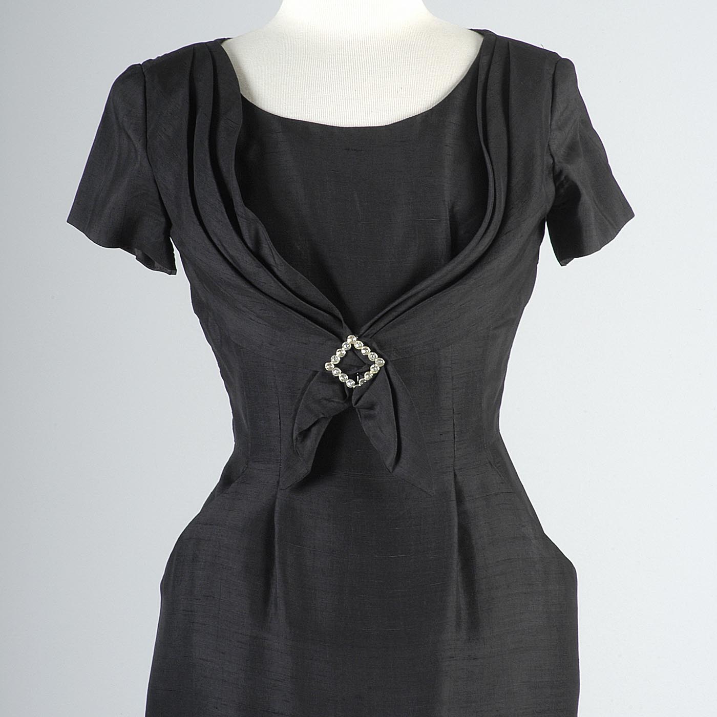 1950s Black Silk Cocktail Dress with Fitted Waist