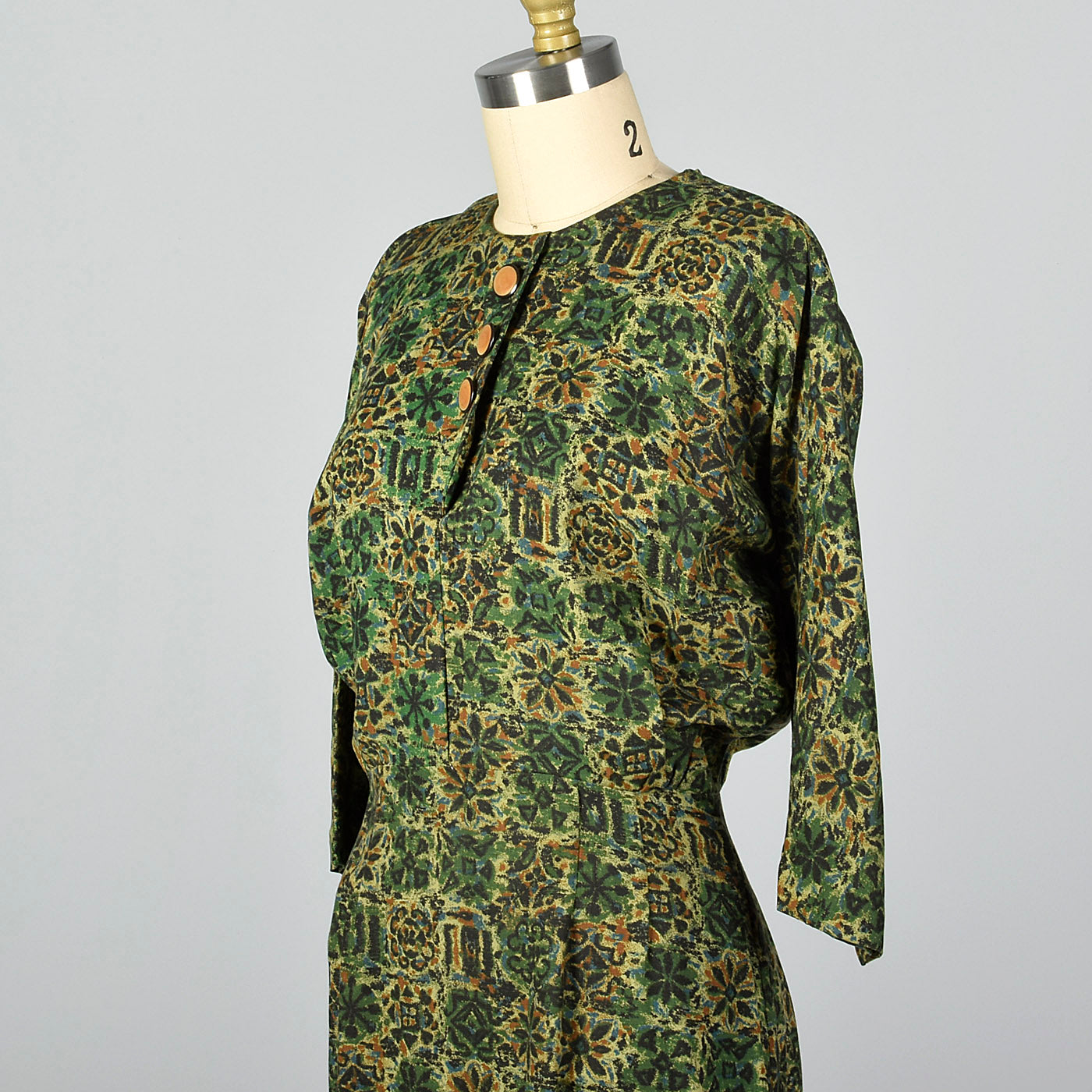 1950s Green Print Day Dress with Dolman Sleeves