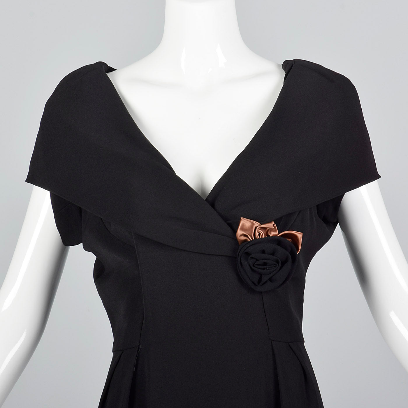 1950s Black Dress with Shawl Collar and Low Cut Front