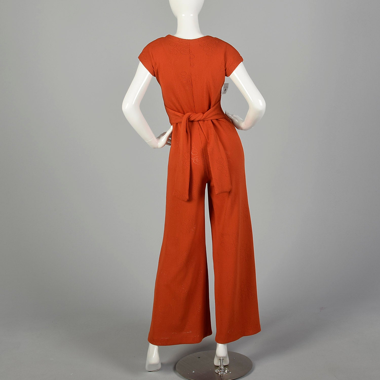 Small 1970s Wide Leg Orange Ribbed Knit Jumpsuit Sexy Tieback Waist