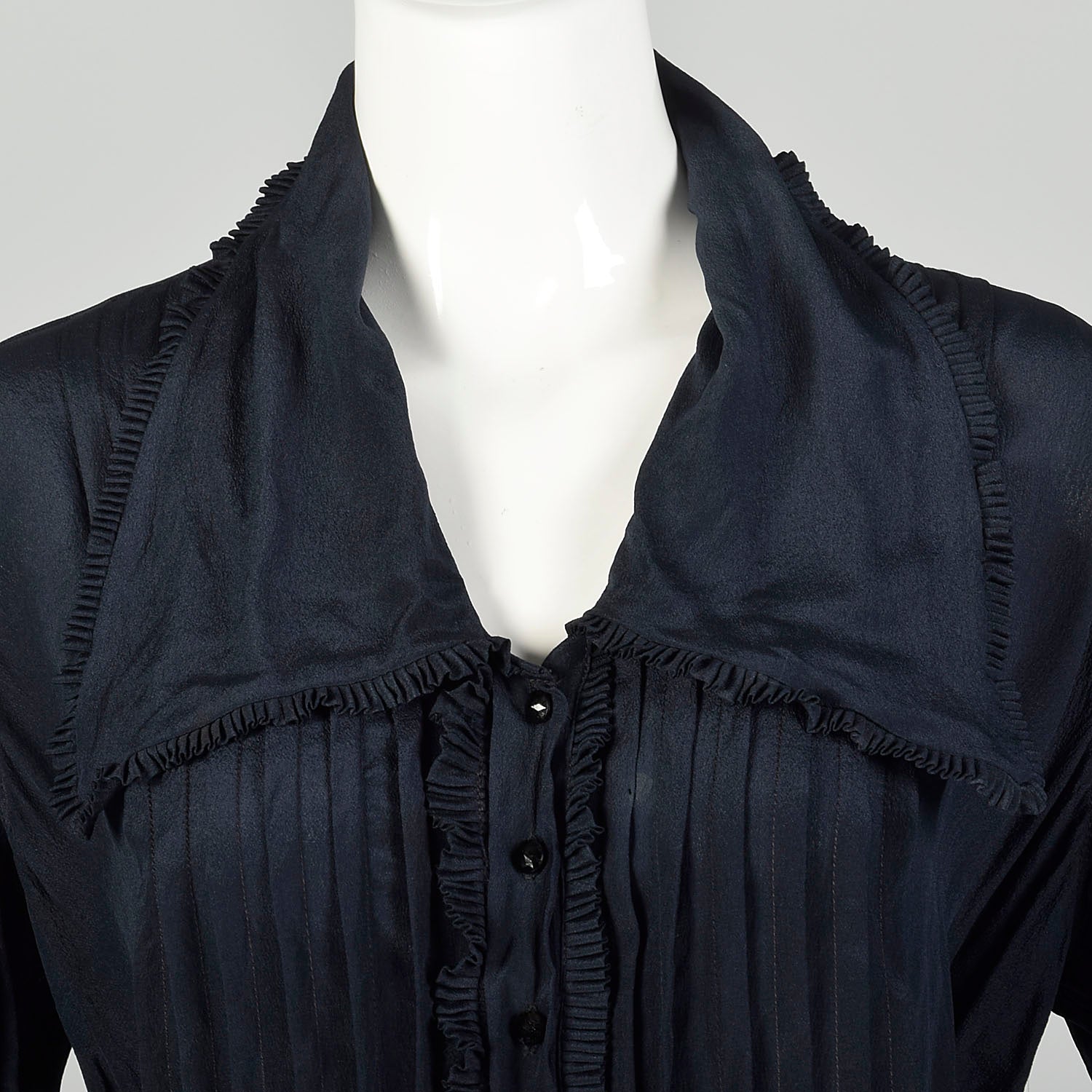 Large 1910s Blouse Edwardian Navy Blue Silk Shirt Pleated Tie Back Waist Top