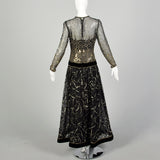 Small 1980s Dress Black Gold Sequin Formal Modest Long Sleeve Evening Gown