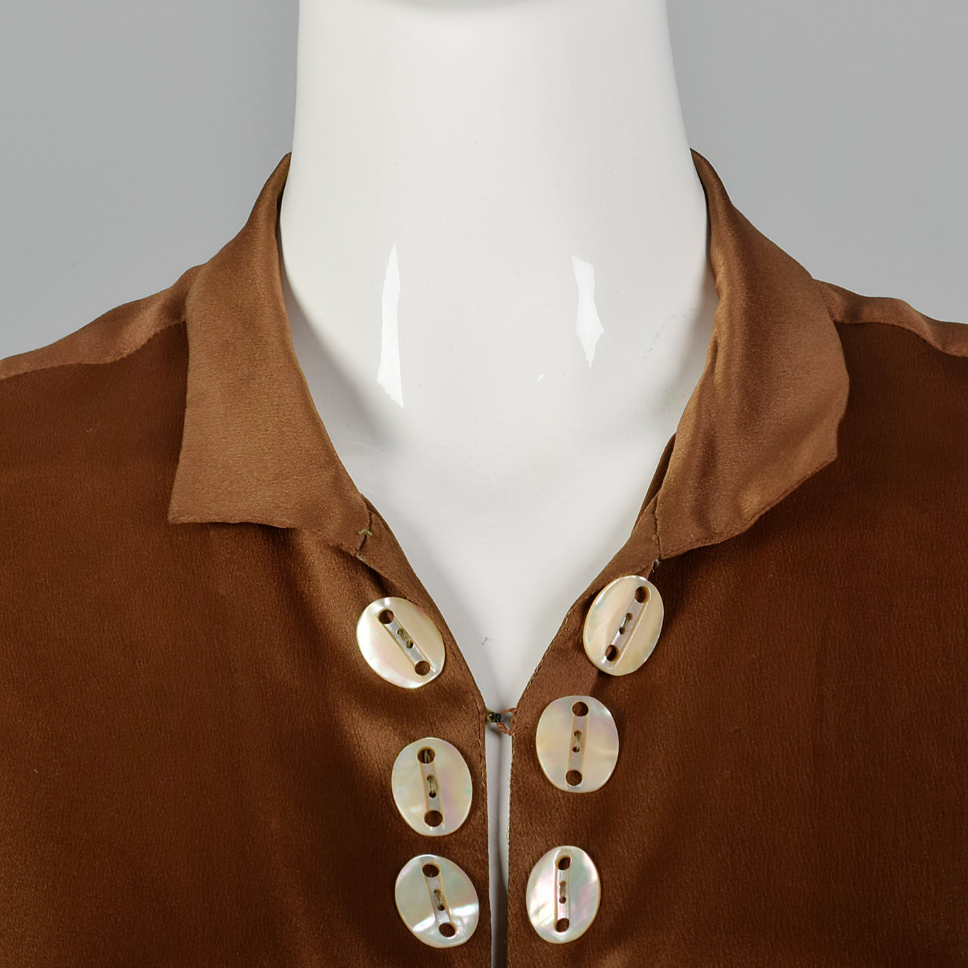 1920s Brown Silk Dress with Mother of Pearl Buttons