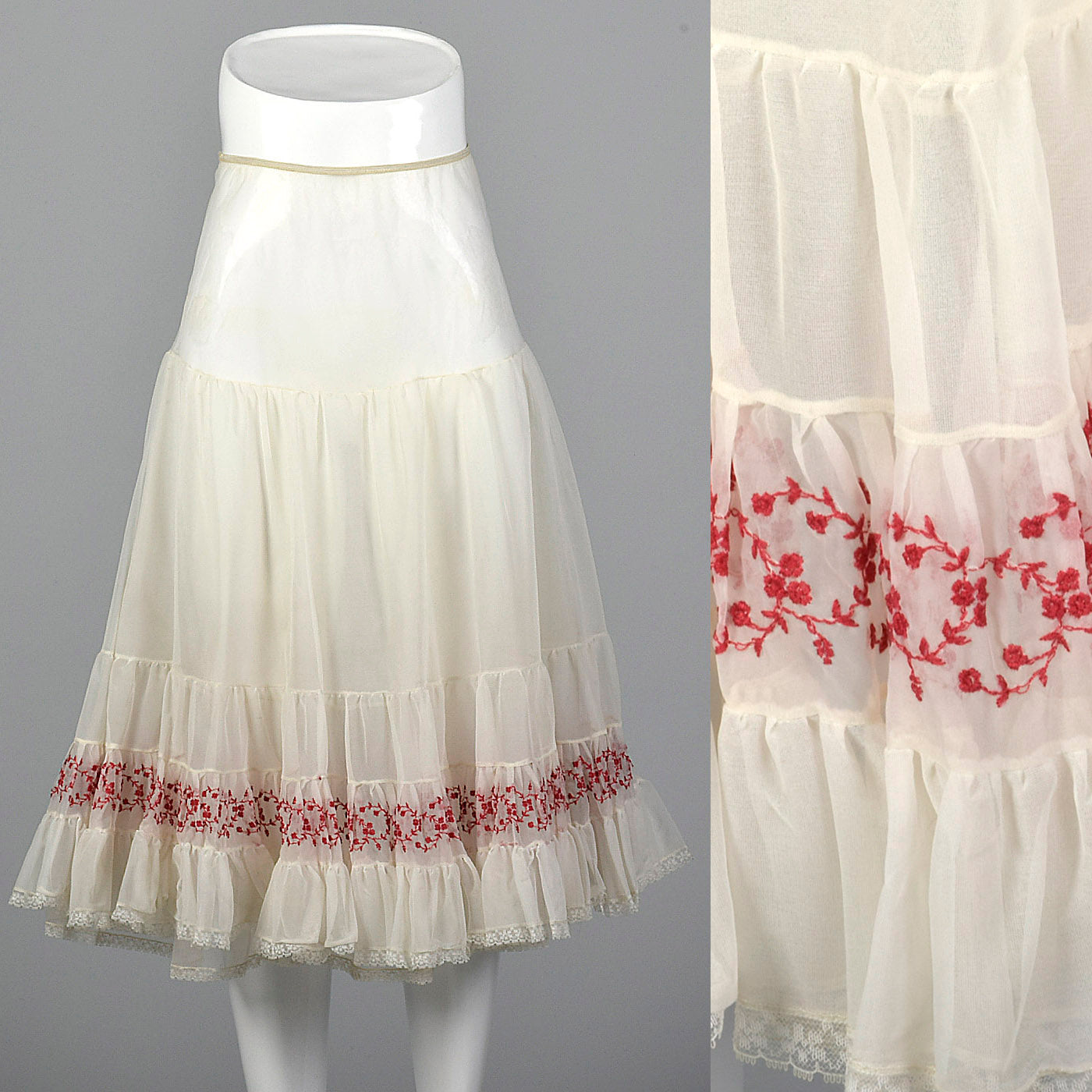 1950s White Half Slip with Red Embroidery