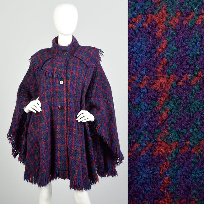 OSFM 1980s Purple Blue Green Red Plaid Wool Poncho Long Cape Woven Textile Jewel Tone Wrap