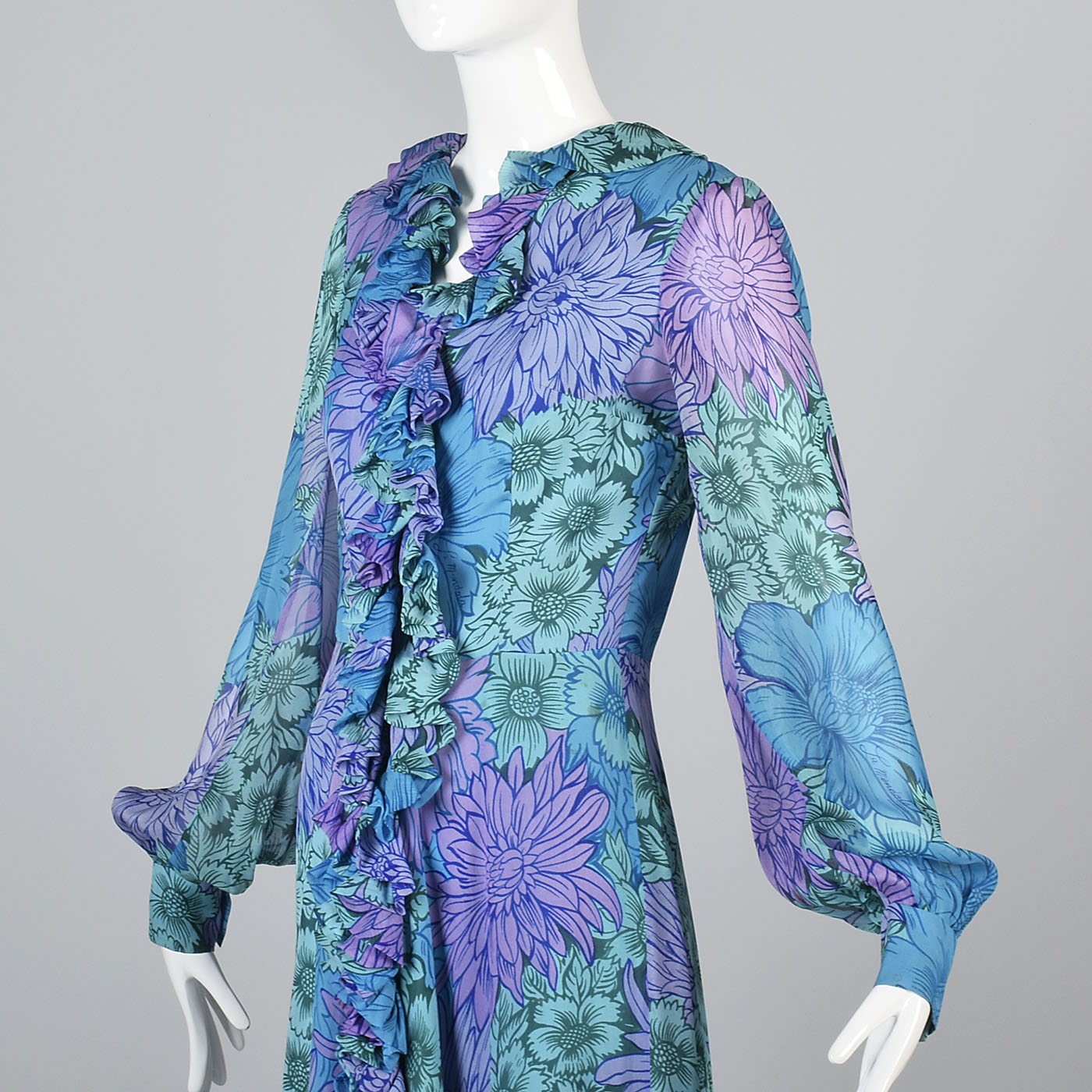 1960s La Mendola Silk Maxi Dress in a Blue Floral Signature Print