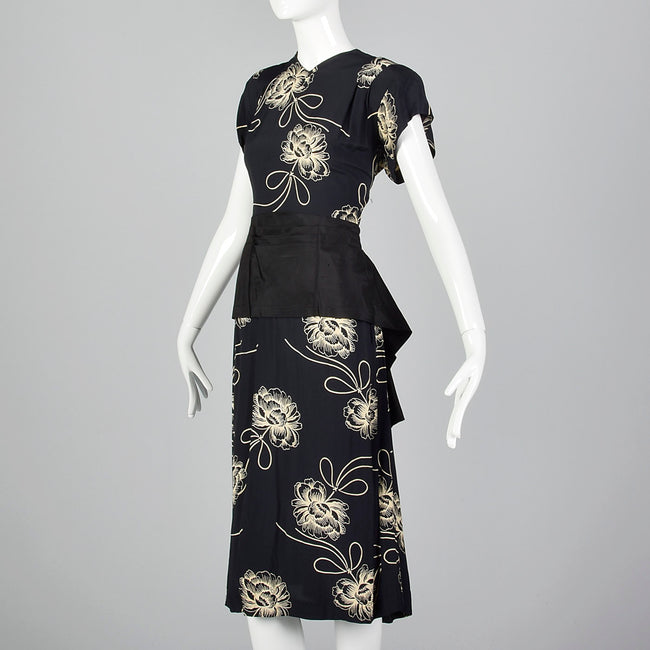 1940s Navy Rayon Dress with Black Taffeta Peplum