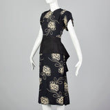 1940s Navy Rayon Dress with Black Taffeta Peplum