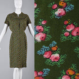 1940s Green Day Dress with Pink Floral Print