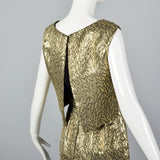 1960s Metallic Gold Dress with Leaf Style Pattern