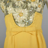1960s Yellow Linen Dress with Sequin Floral Top