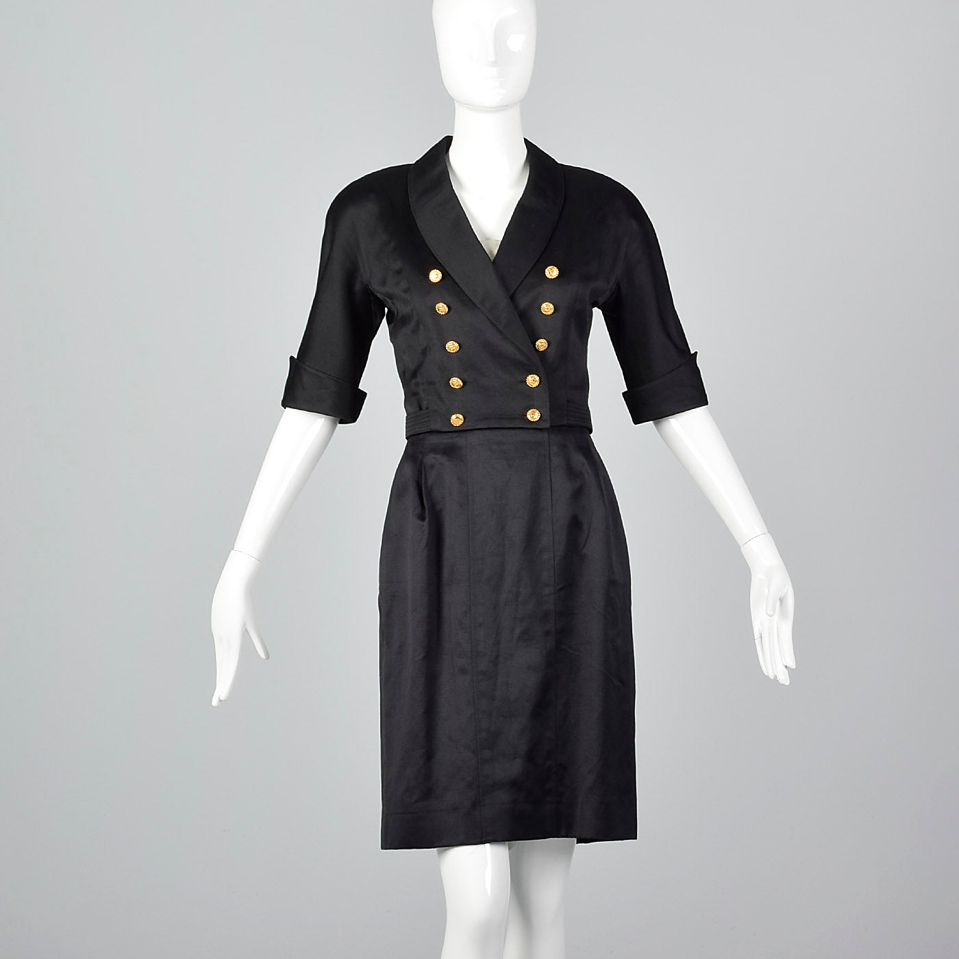 1980s Chanel Black Cotton Summer Skirt Suit with Gold Buckle Detail