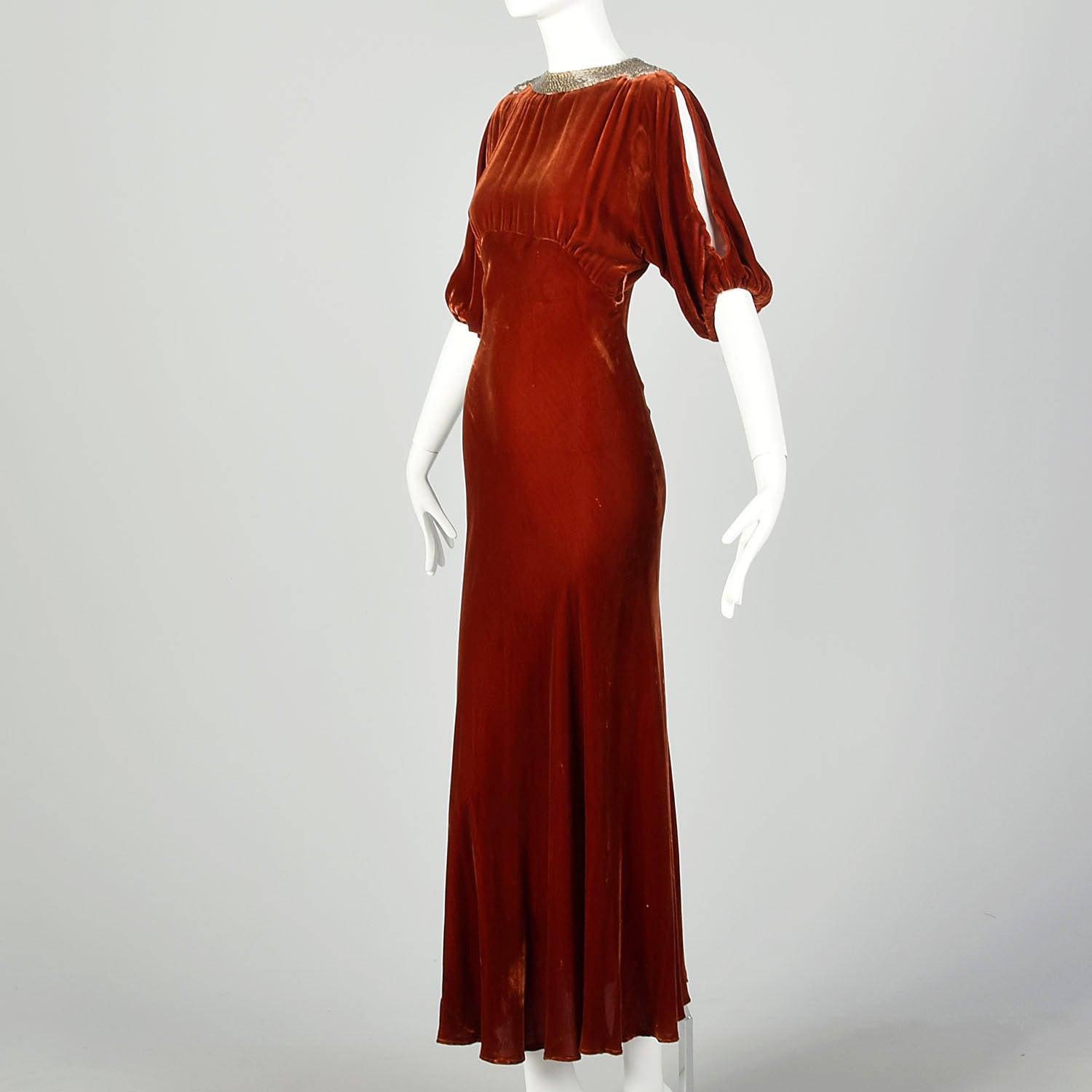 Small 1930s Silk Velvet Dress Tawny Glamorous Beaded Evening Gown Old Hollywood