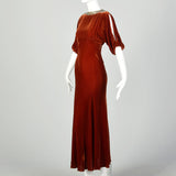 Small 1930s Silk Velvet Dress Tawny Glamorous Beaded Evening Gown Old Hollywood