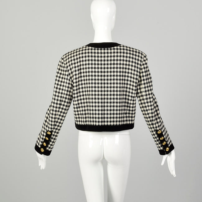 Large 1990s Escada Blazer Wool Black White Houndstooth Long Sleeve Cashmere Jacket