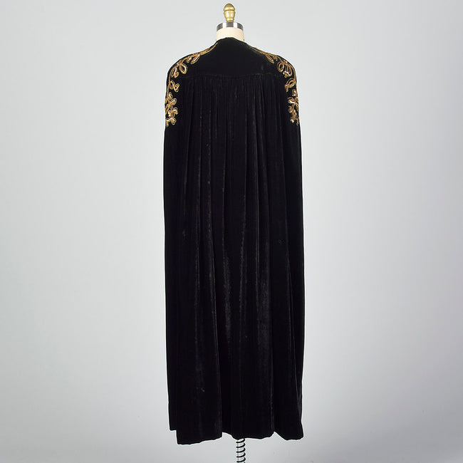 1940s Black Velvet Opera Cape with Gold Sequin Shoulders