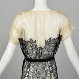 XS 1930s Old Hollywood Silk Gown Lace Black Ivory Panels Summer Sheer Flowy Sweeping Gown