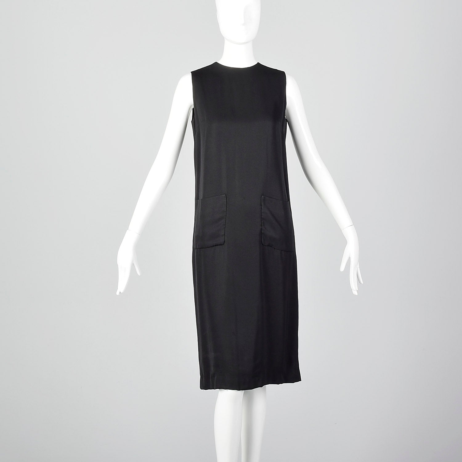 1960s Classic Little Black Dress Belted Sleeveless Shift with Patch Pockets