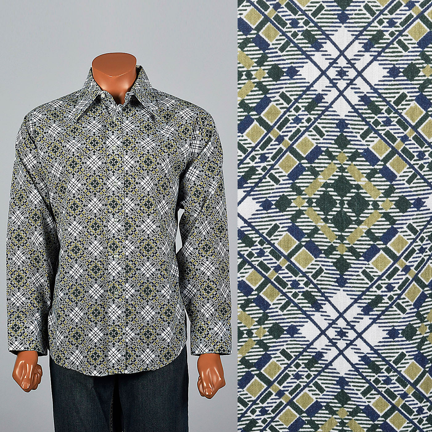 1970s Green Geometric Print Disco Shirt