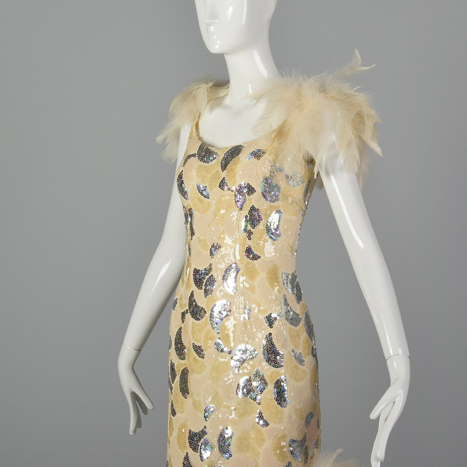 XS 1980s Sequin Formal Gown with Feather Trim