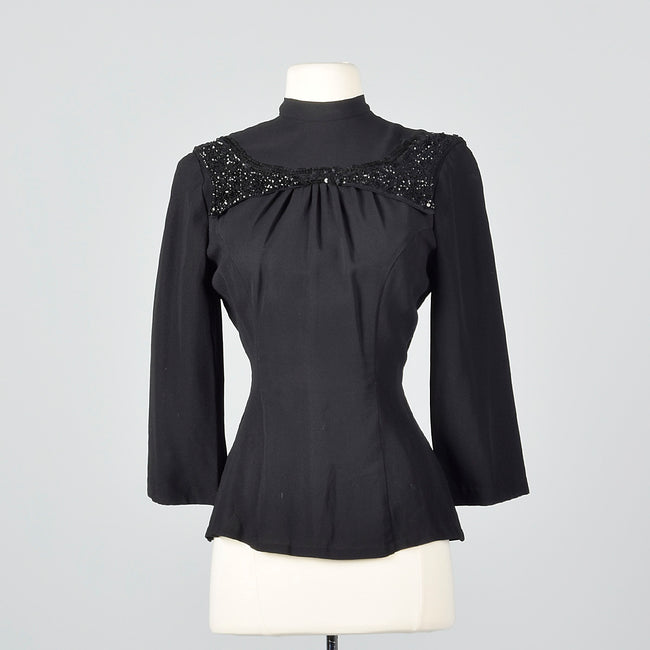 1940s Black Fitted Blouse with Sequin Trim