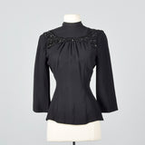 1940s Black Fitted Blouse with Sequin Trim