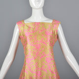 1960s Malcolm Starr Sleeveless Maxi Dress in Pink and Chartreuse Psychedelic Brocade