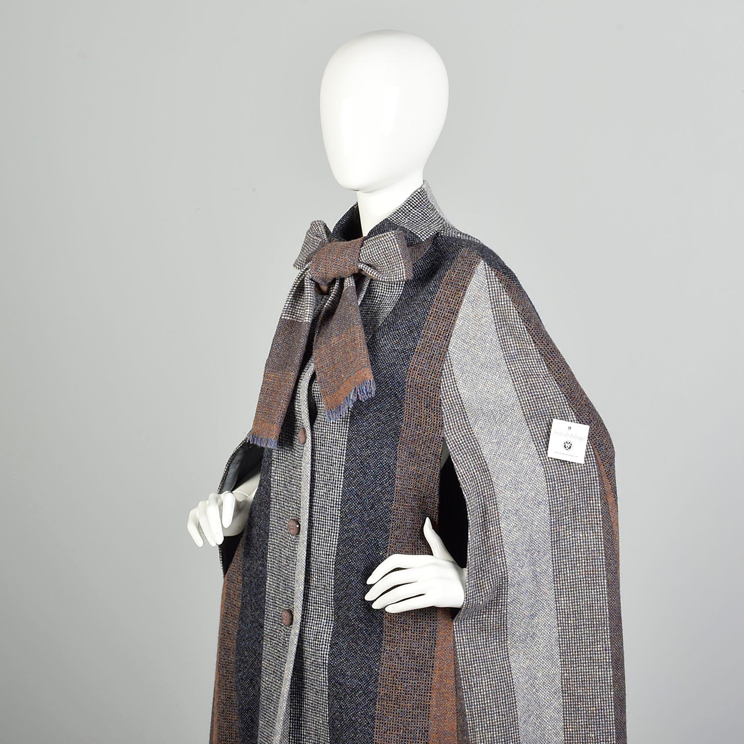 OSFM 1970s Tweed Color Block Cape Attached Scarf Wool Stripe Multi Color Wrap