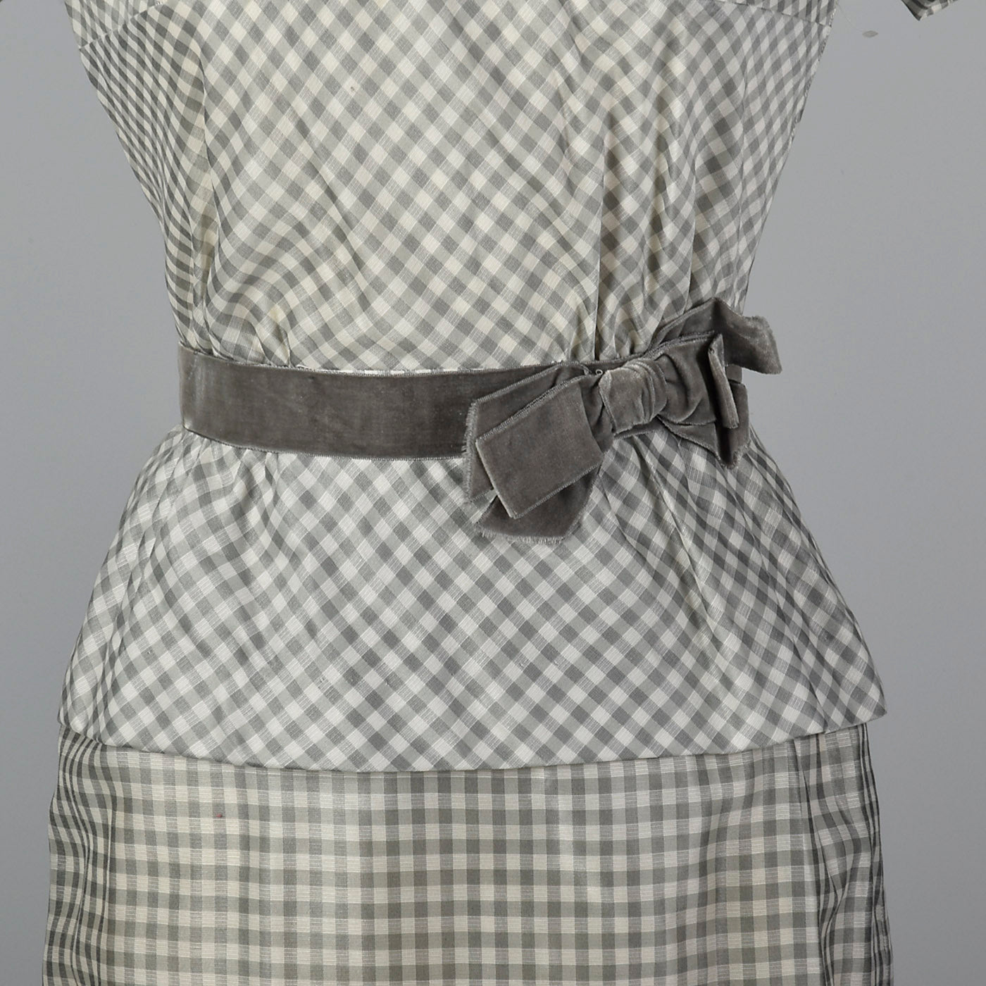 1950s Gray and White Gingham Dress with Velvet Waist Band