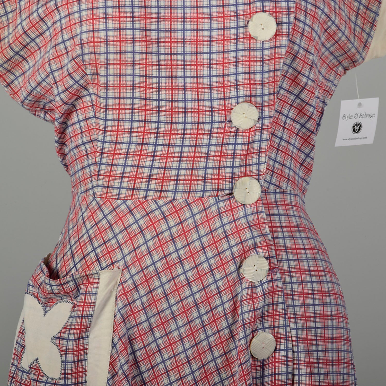 Large 1950s Day Dress Asymmetrical Red Plaid Cotton Tie Back Waist