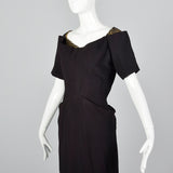 1940s Black Rayon Dress with Gold Trim
