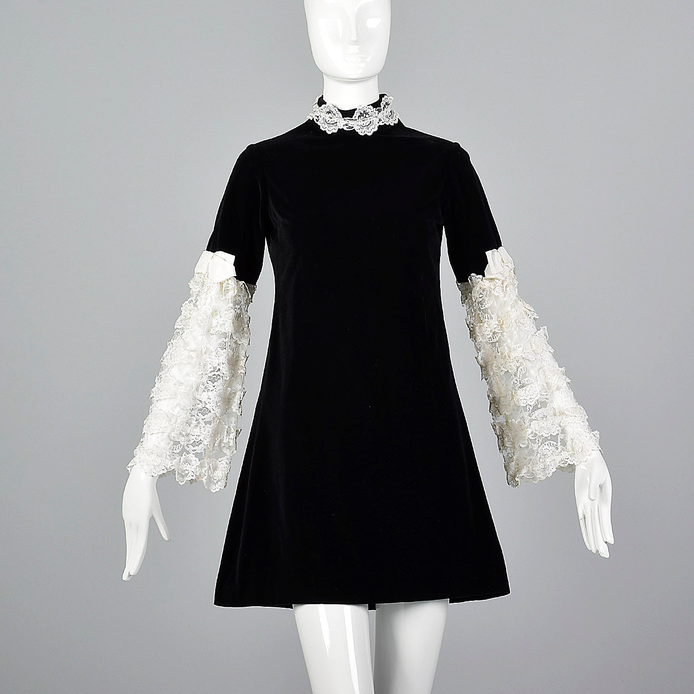 1960s Saks Fifth Avenue Black Velvet Dress with Lace Sleeves Style & Salvage 1960s Saks Fifth Avenue Black Velvet Dress with Lace Sleeves Style & Salvage