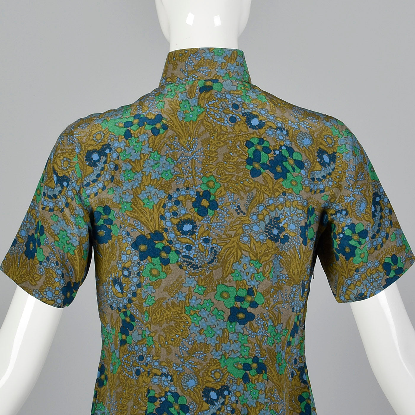 1960s Green and Blue Floral Dress with Mandarin Collar