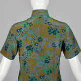1960s Green and Blue Floral Dress with Mandarin Collar