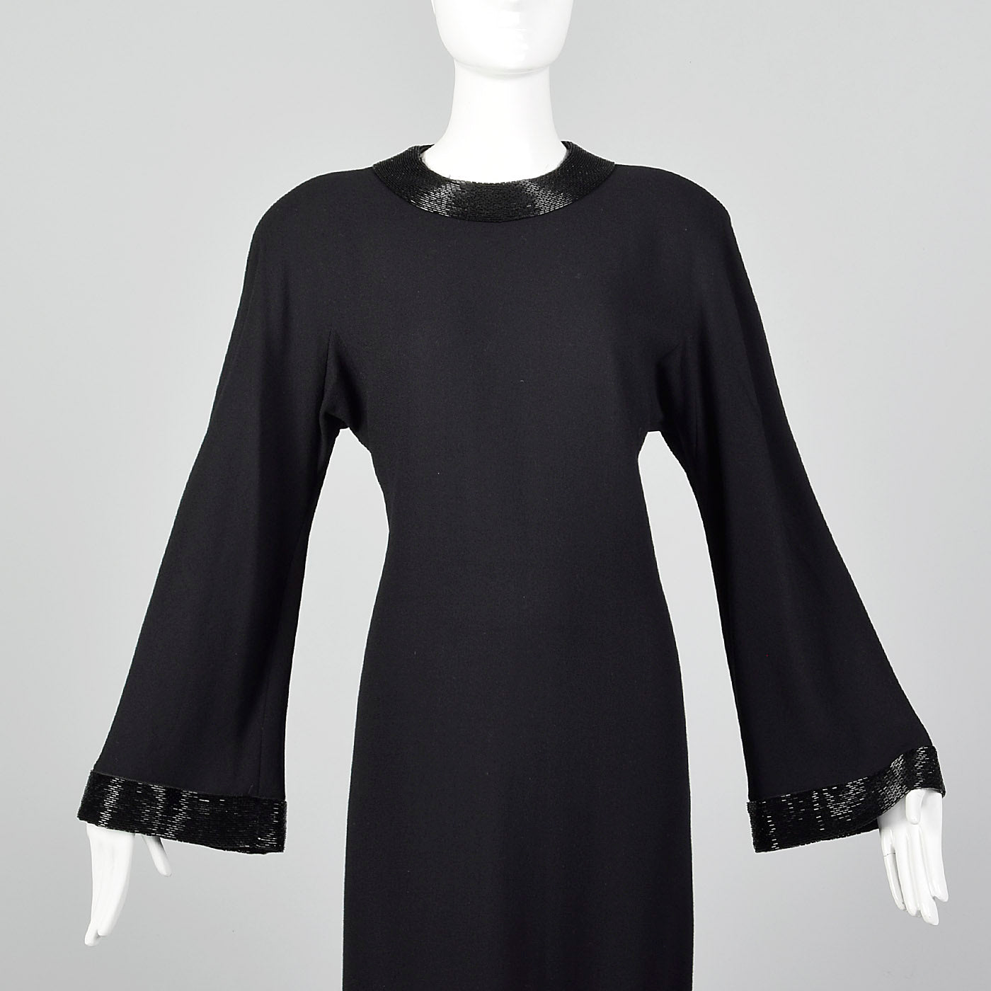 1970s Anne Klein Black Wool Evening Gown with Bell Sleeves and Beaded Trim