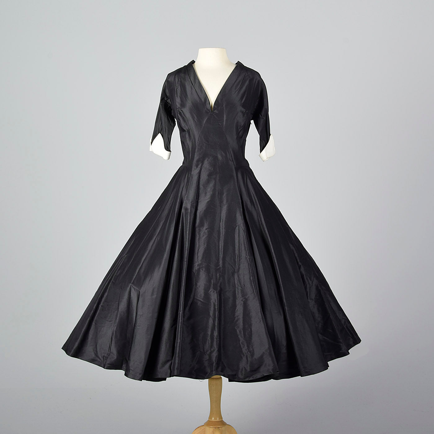 1950s Black Taffeta Party Dress with White Cuffs