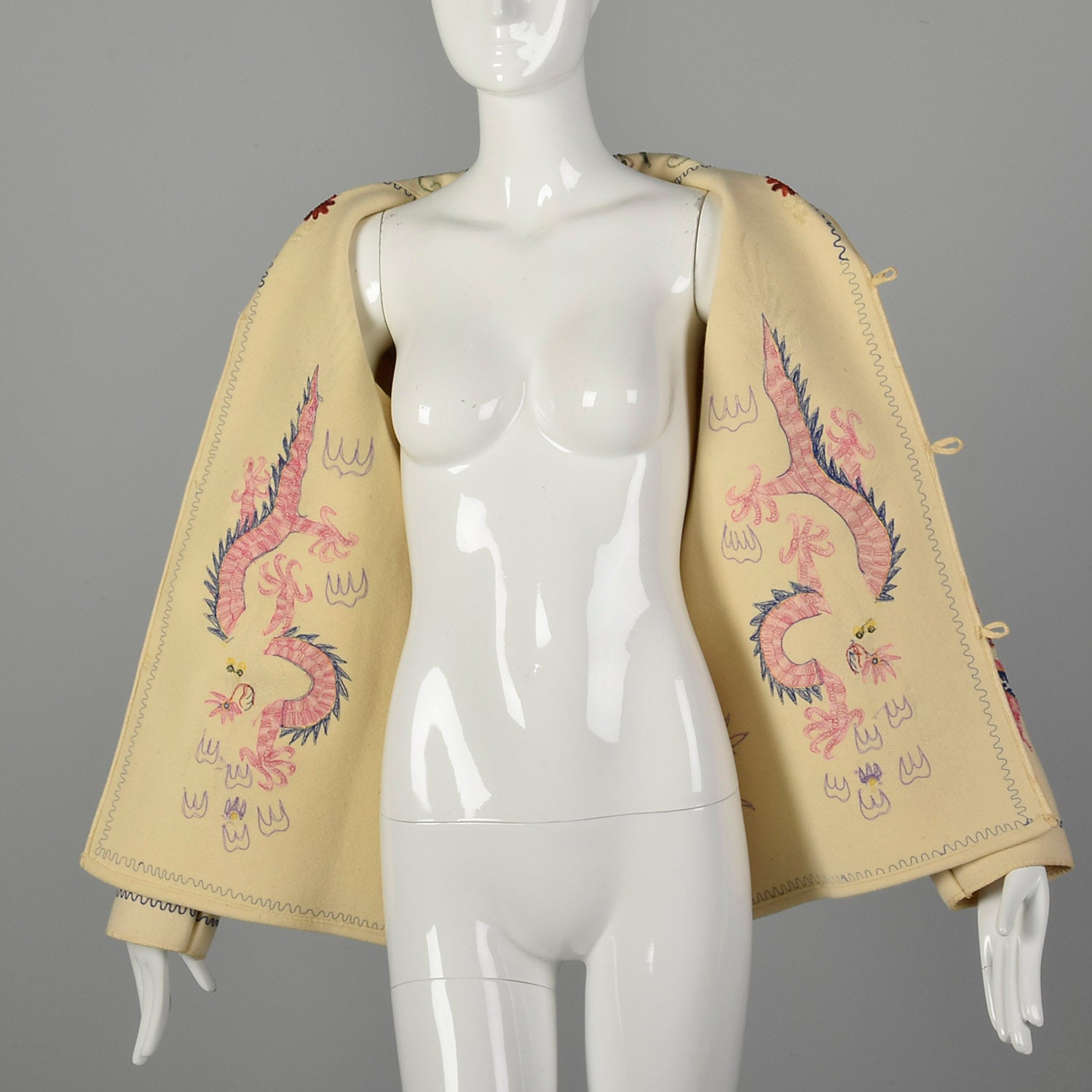 XS 1940s Souvenir Jacket Novelty Asian Dragon Chain Stitch Embroidery Cream Wool