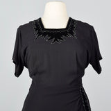 1950s Black Rayon Dress with Velvet Trim