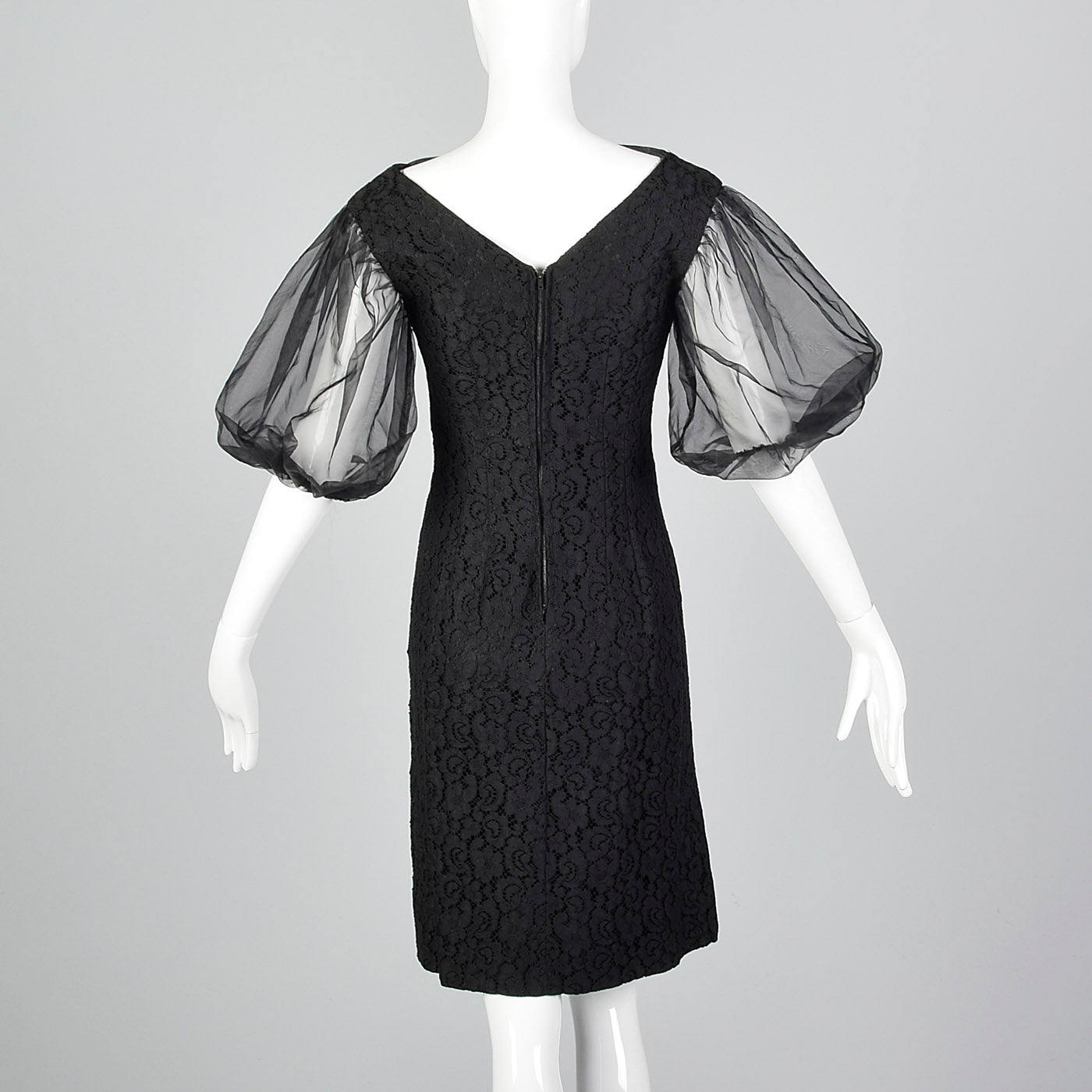 1960s Lace Overlay Shift Dress with Sheer Poof Sleeves