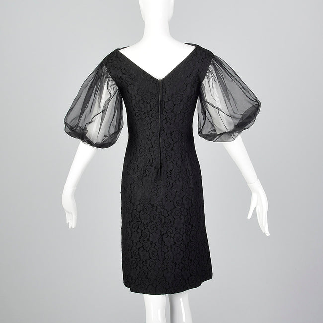 1960s Lace Overlay Shift Dress with Sheer Poof Sleeves