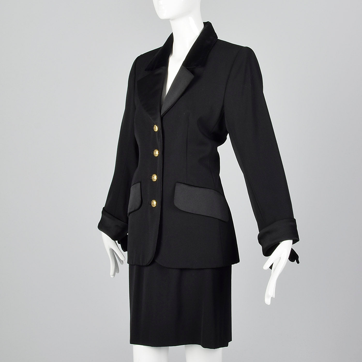 Yves Saint Laurent Rive Gauche Black Skirt Suit with Velvet Trim