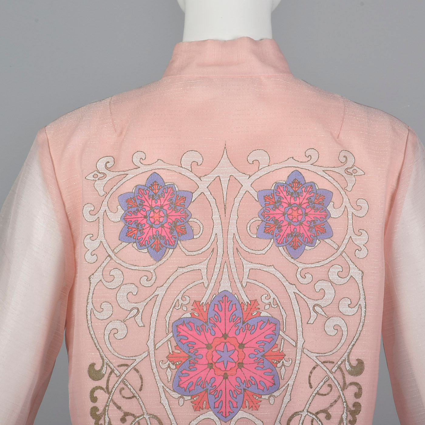 1970s Alfred Shaheen Pink Shift Dress with Sheer Sleeves