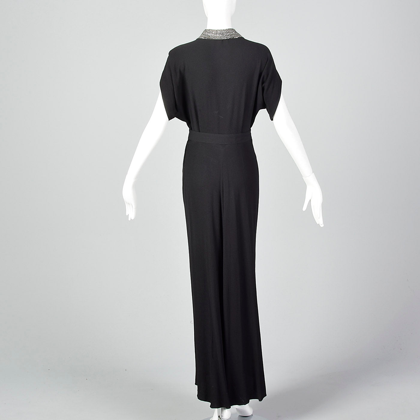 1940s Black Rayon Dress with Rhinestone Collar
