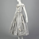 2000s Formal Gray Taffeta Evening Dress with Floral Applique