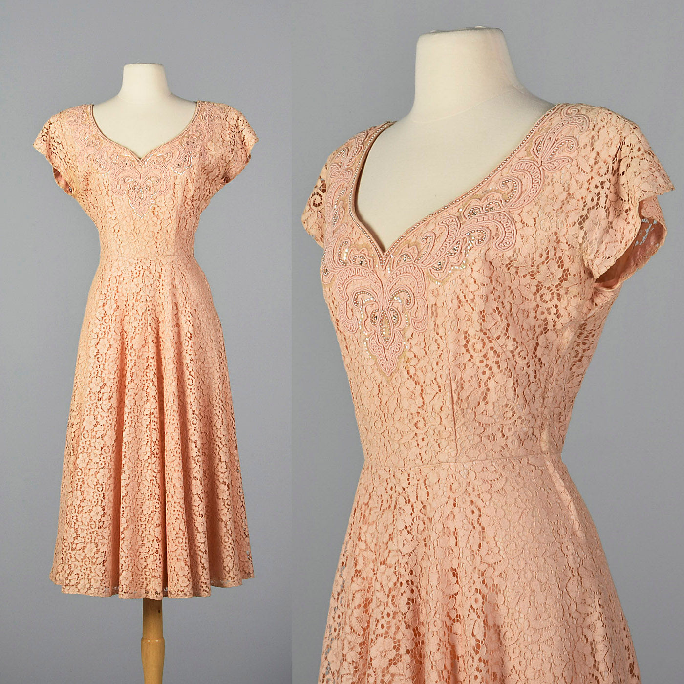 1950s Pink Lace Dress with Beaded Bodice