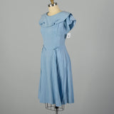 Large 1950s Dress Blue Swiss Dot Collar Casual Day Dress