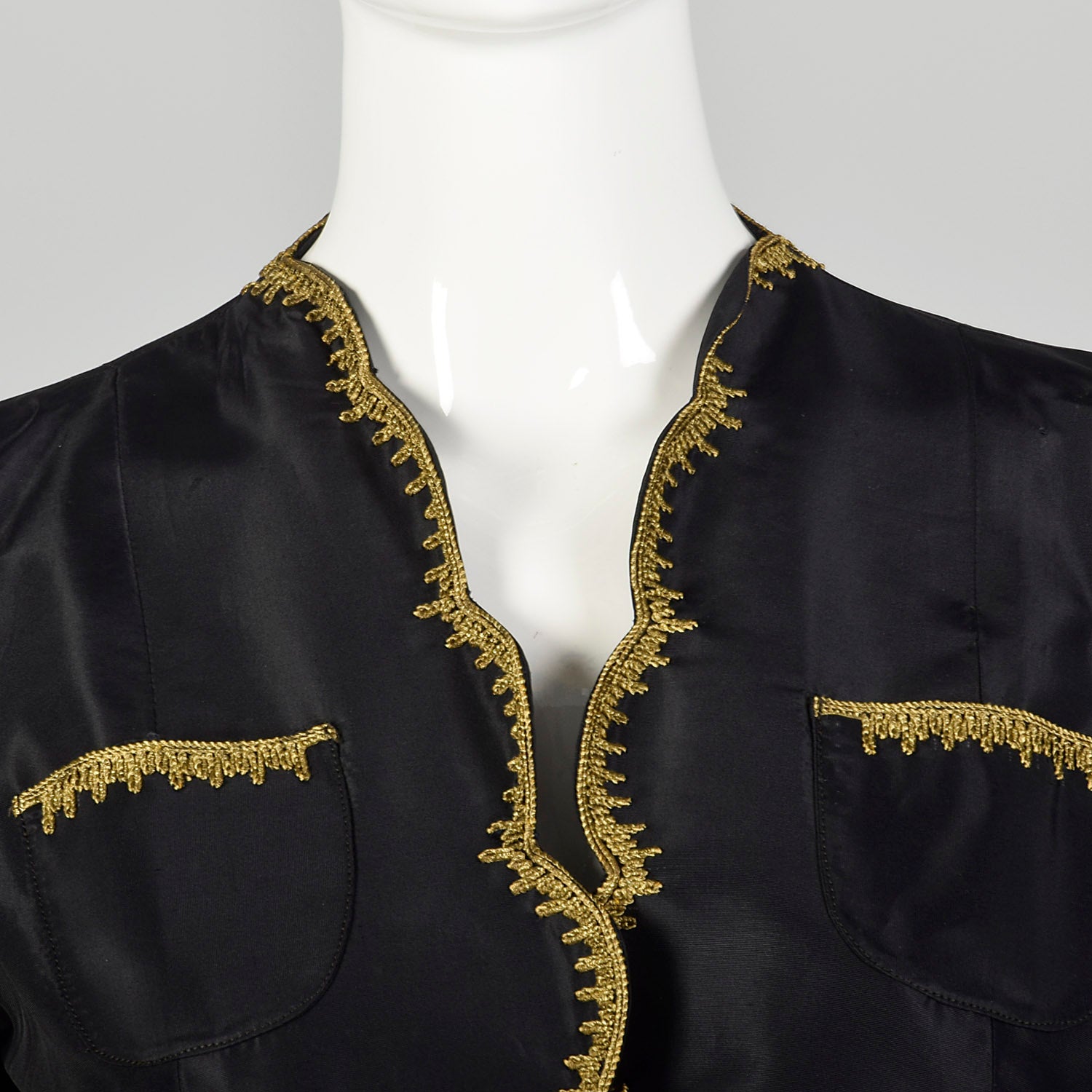 XS 1940s Jacket Black Taffeta Tie Waist Scallop Edge Gold Trim Embroidery Evening Jacket